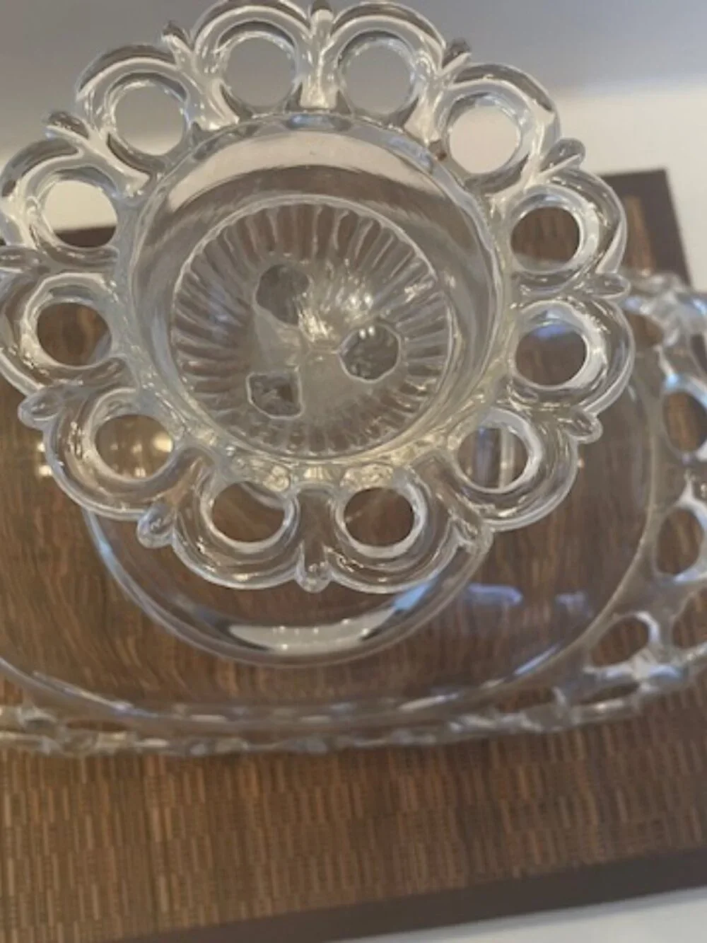 Vintage Clear Glass Pedestal Dish Lace Edge Openwork Rim